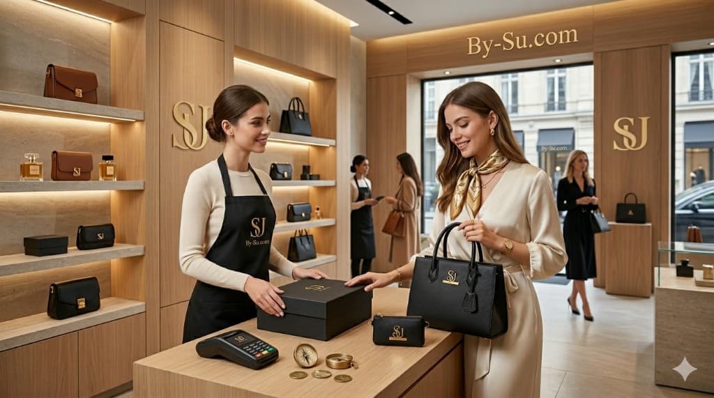 SU luxury boutique atelier with staff and customer at counter featuring SU handbags