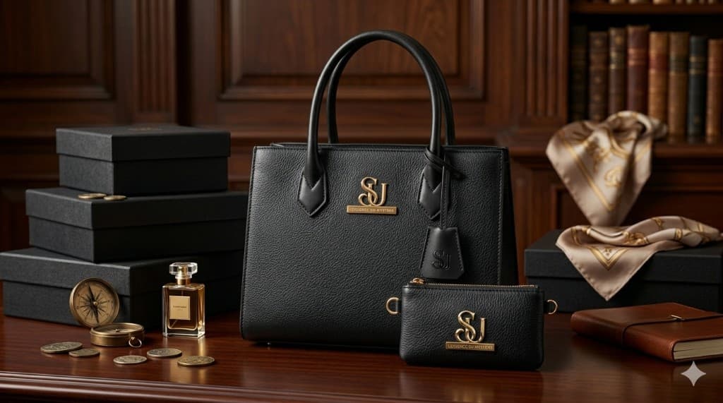 SU black leather handbag and matching pouch with gold logo on a luxury mahogany desk