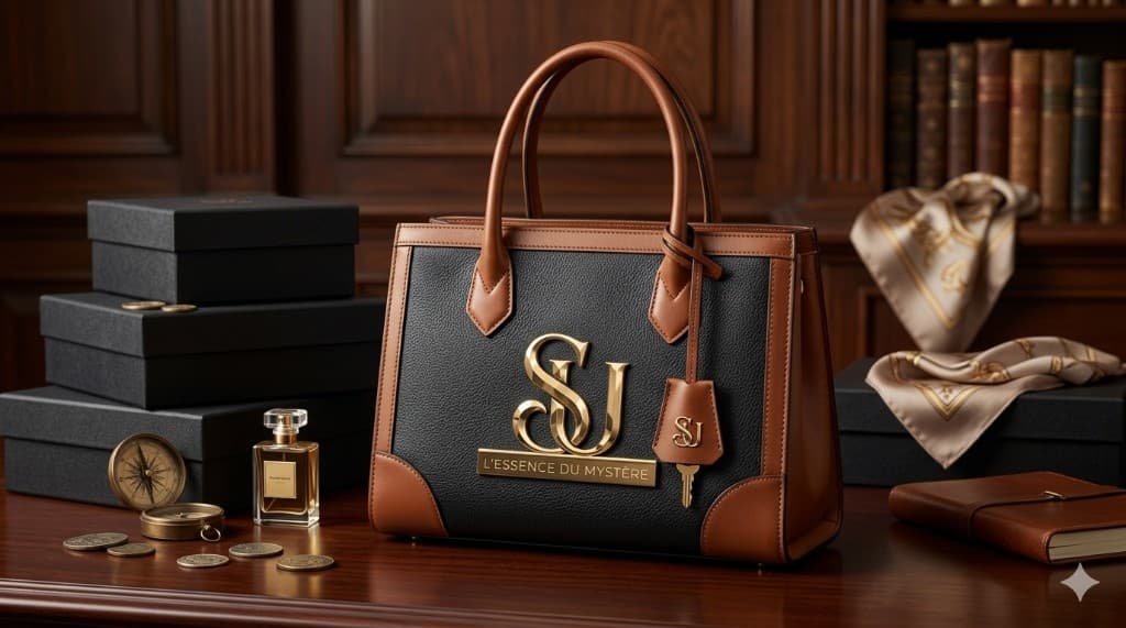 SU black and tan leather tote with gold monogram on a classic desk with heritage books